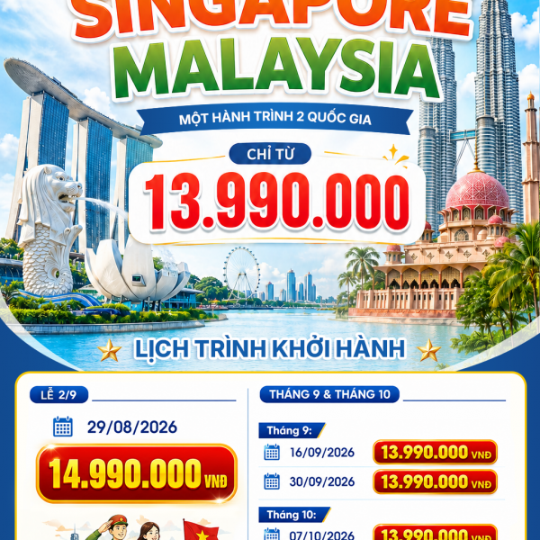 Tour Singapore Malaysia 5N4Đ 2026: Đà Nẵng - Changi - Malacca - Kuala Lumpur