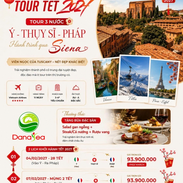 Tour Du Xuân Châu Âu Tết 2027: Pháp – Thụy Sỹ – Ý (11 Ngày 10 Đêm)
