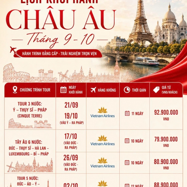TOUR TÂY ÂU 10 NGÀY 9 ĐÊM: ĐỨC – THỤY SĨ – LUXEMBOURG – HÀ LAN – BỈ – PHÁP